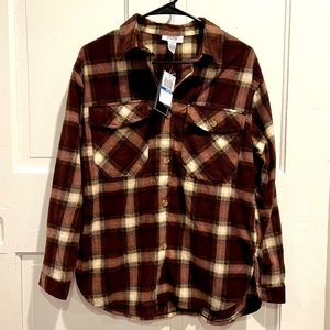 NWT Just Polly Brown Plaid Fleece Shacket